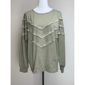 And The Why Women's Top Sz L Long Sleeve Fringe Green Boho